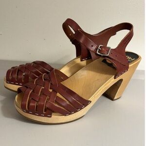❤️🔥Swedish Hasbeens - Brown Leather Toffel Woven Wooden Clog Heel - 40/10